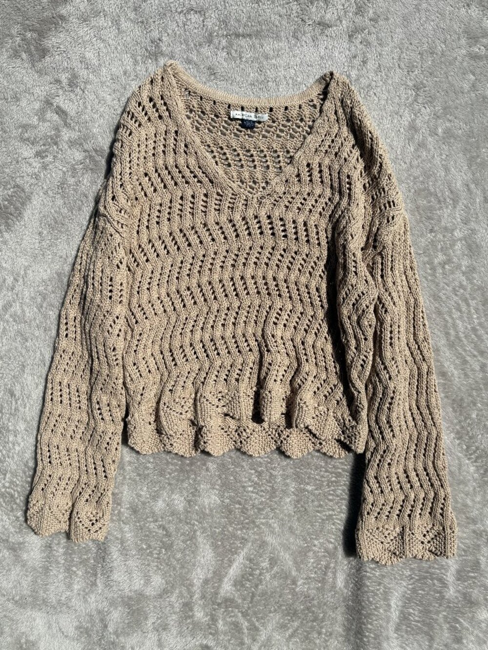 American Eagle Crochet V Neck Sweater Tan Women's XS Boho Open Knit